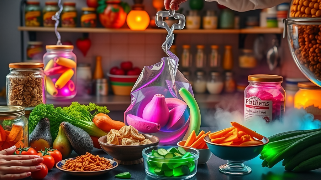 creative healthy meal prep assortment with colorful foods, snacks, and veggies, arranged by hand in a whimsical, highly detailed kitchen