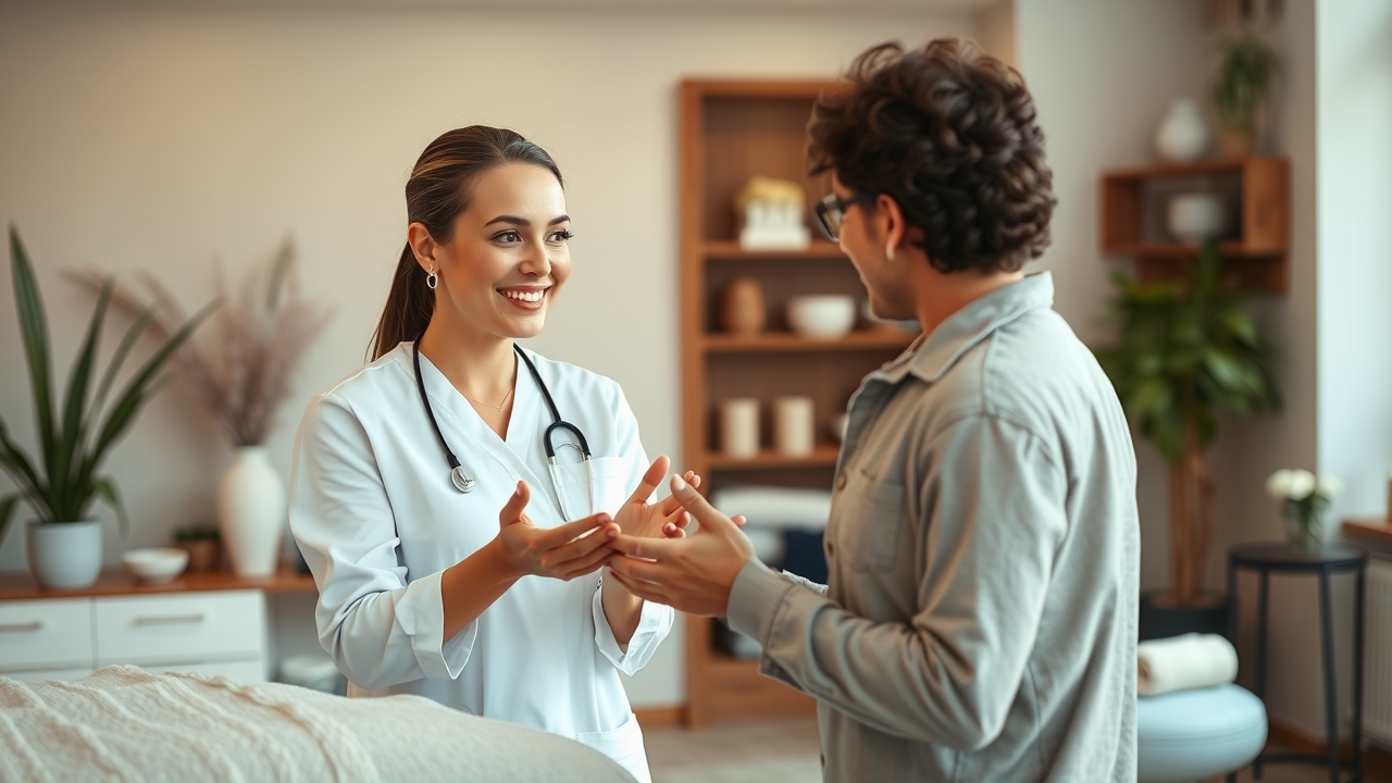 Inviting massage therapy clinic, welcoming therapist with a calm, reassuring expression greeting a returning massage client in a modern relaxing spa interior. how to retain massage clients