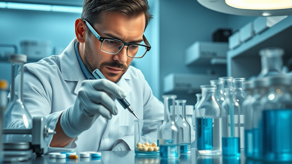 Pharmacist compounding personalized medicine in high-tech pharmacy lab