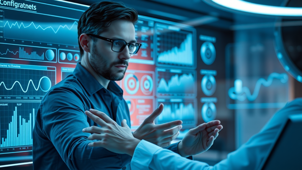 Futuristic spa business software dashboard with owner reviewing digital analytics