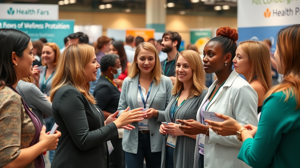Diverse wellness professionals networking at event – massage therapist standing out through community engagement