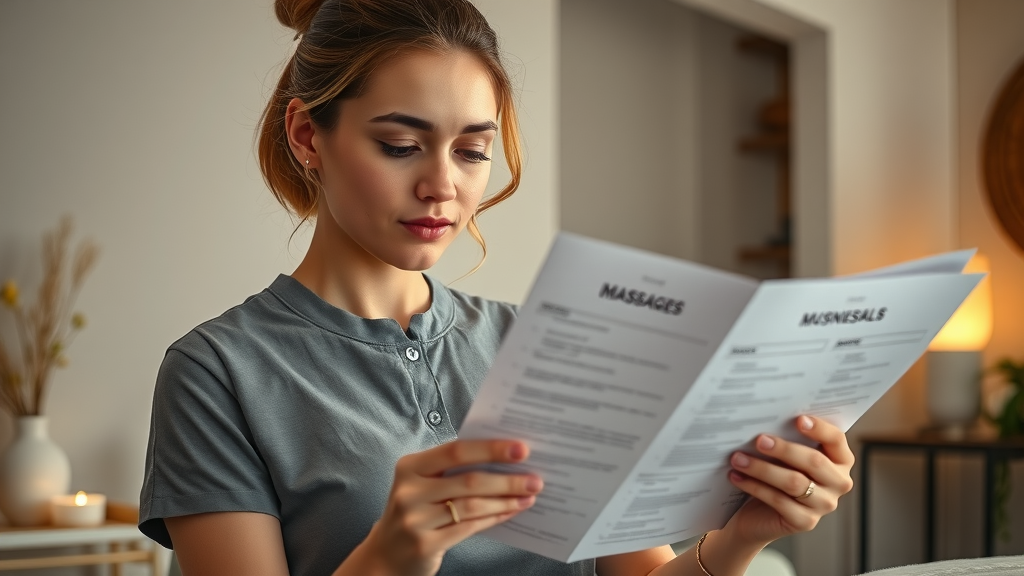 massage therapist reviewing business documents and pricing list in cozy massage studio - should i discount my massage services