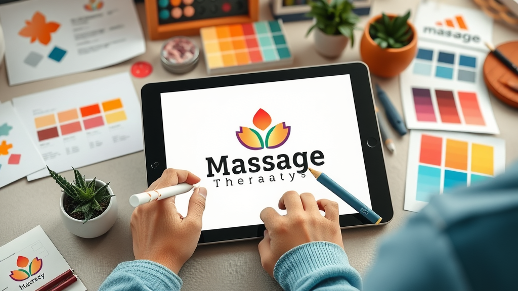 Massage therapy logo design on workspace – crafting a compelling brand message