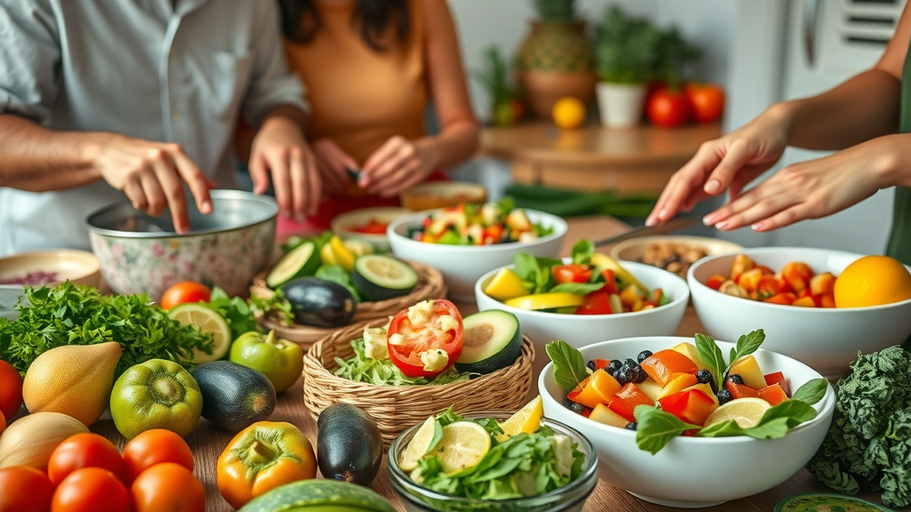 Meal prep with fresh fruits and vegetables for gut health, showing healthy diet choices and colorful ingredients