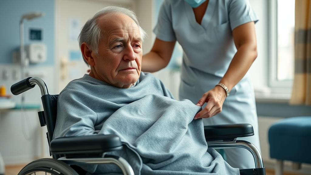 Elderly patient in nursing home with caregiver checking for bedsore signs