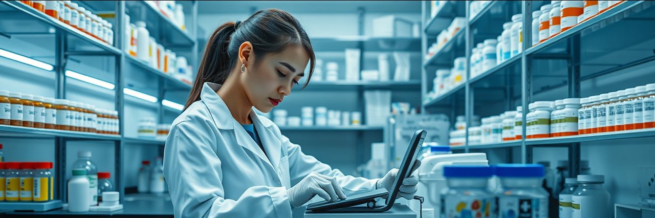 Pharmaceutical compounding in a modern pharmacy lab by a focused pharmacist.