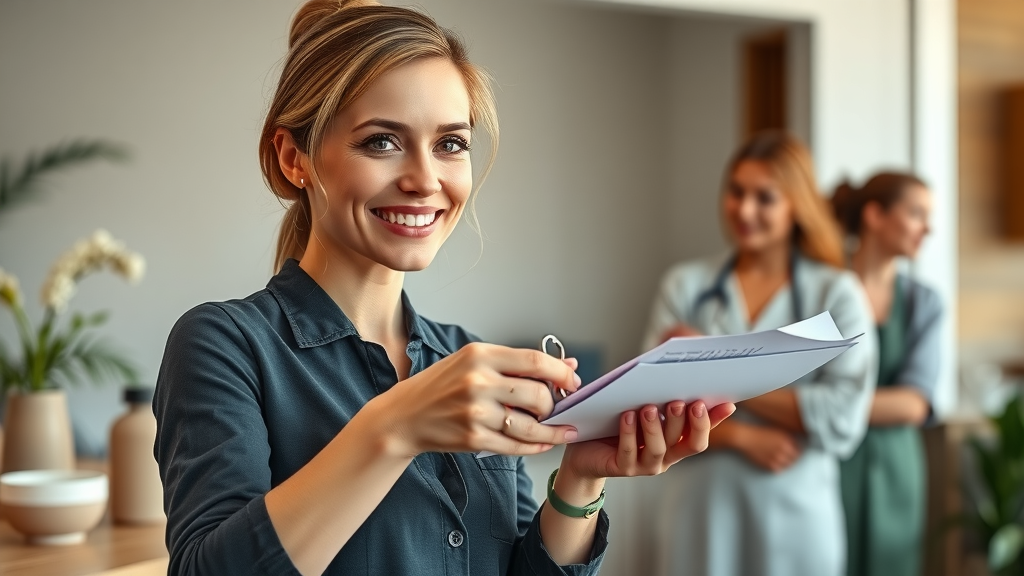 Confident spa entrepreneur handing over keys and schedule to capable staff, successful spa business, delegation in spa owner work life balance