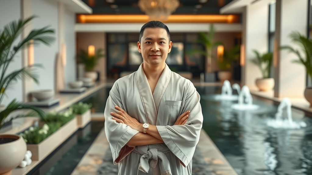 Confident spa owner with spa owner mindset standing in a modern, elegant spa lobby with calm determination and serene water features