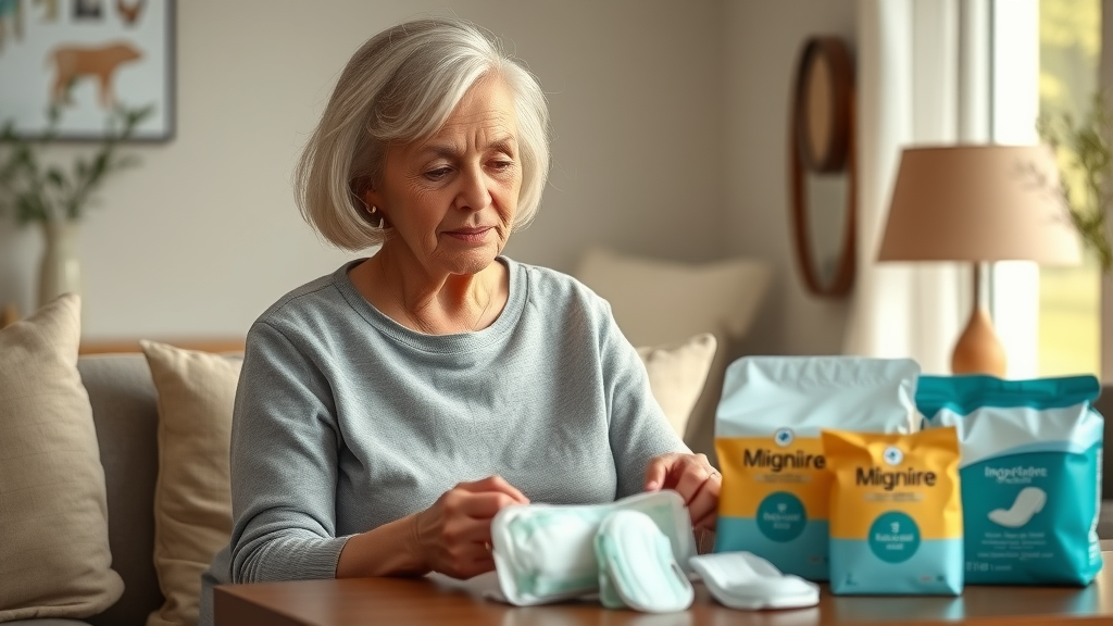 Confident senior woman at home reviewing incontinence supplies for daily comfort