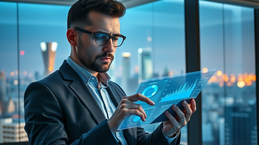 business owner reviewing supplement company profit margins and sales data, futuristic office, supplement business scaling
