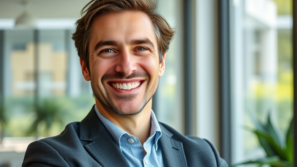 Professional man smiling with straight teeth after Invisalign braces