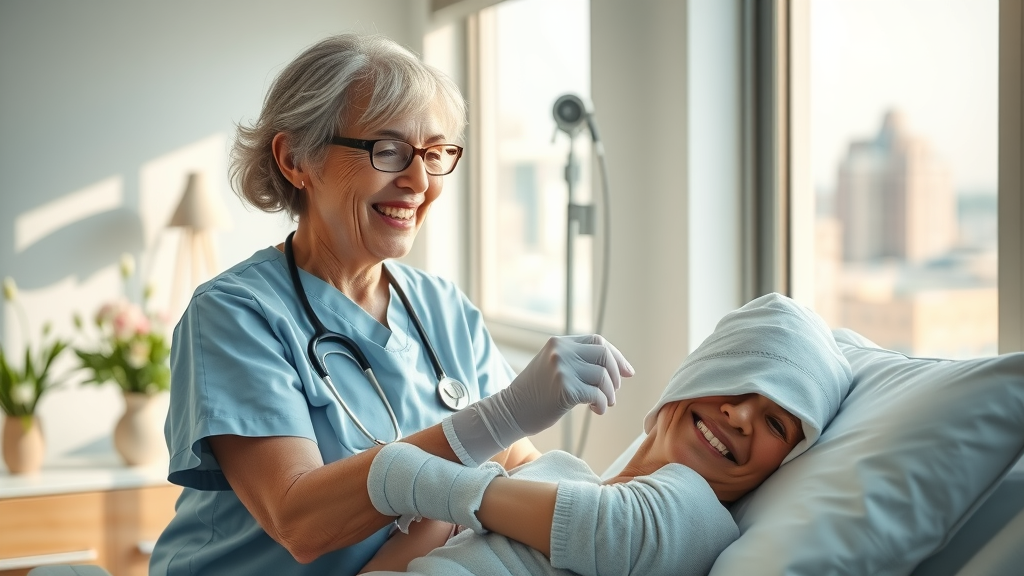 Plastic surgery patient care with nurse helping patient recover in bright room
