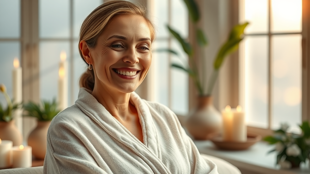Happy woman after body wrap treatment revealing smoother, firmer skin