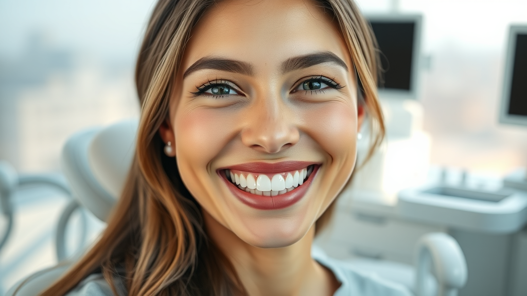 Confident woman with brilliantly white teeth smiling at modern dental clinic