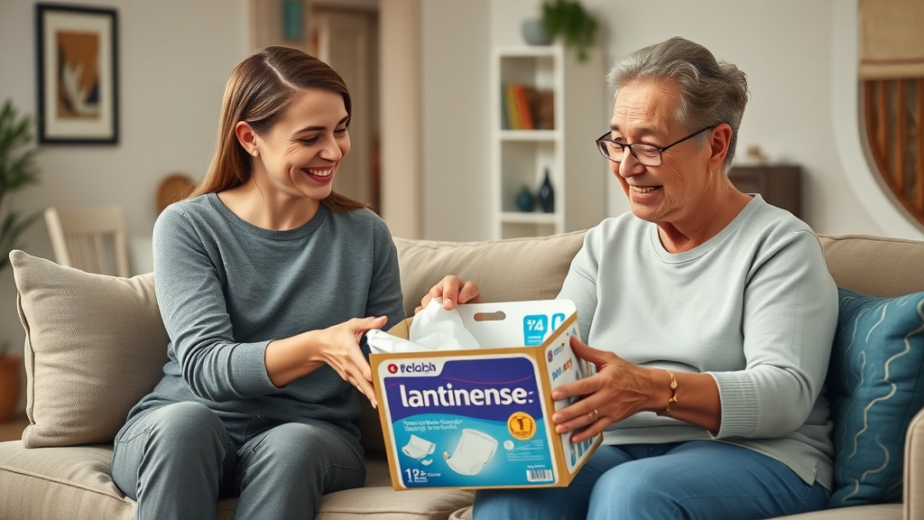 Family unpacking delivered incontinence supplies for senior in comfortable home setting