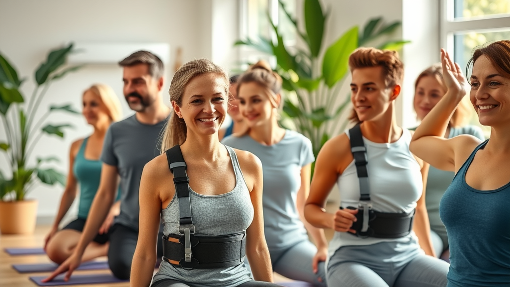 Group using spinal rehabilitation products in a bright, supportive exercise class