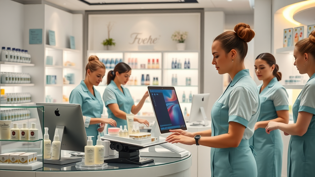 spa staff setting up retail products and digital consultations for recession proof spa business, med spa retail corner, digital workstation and product displays