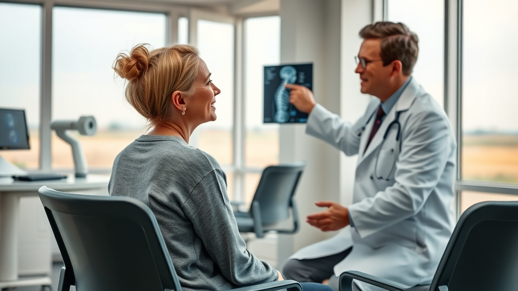 Patient consults Texas orthopedic spine specialist for back pain solutions.
