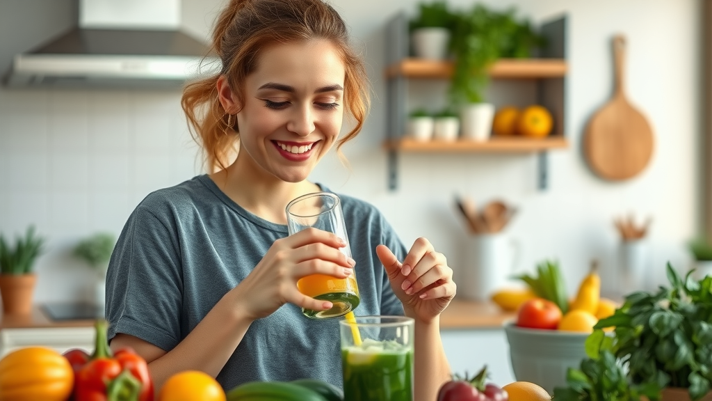 Hopeful adult engaging in a daily wellness routine, gentle smile, preparing a healthy juice in kitchen, blood flow circulation, fresh fruits and vegetables, vivid textures, bright natural light