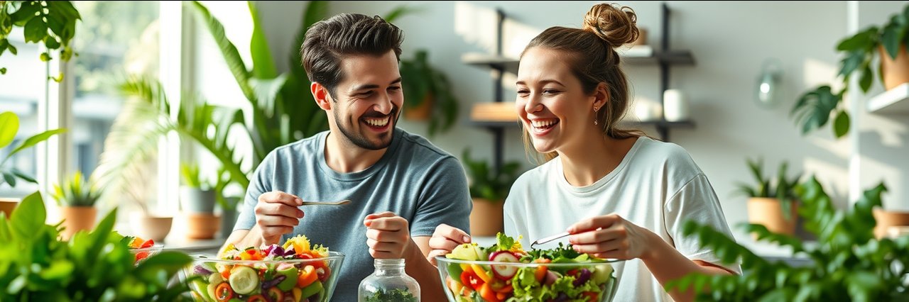 Young couple enjoying a healthy diet and lifestyle with fresh salads in a bright kitchen.