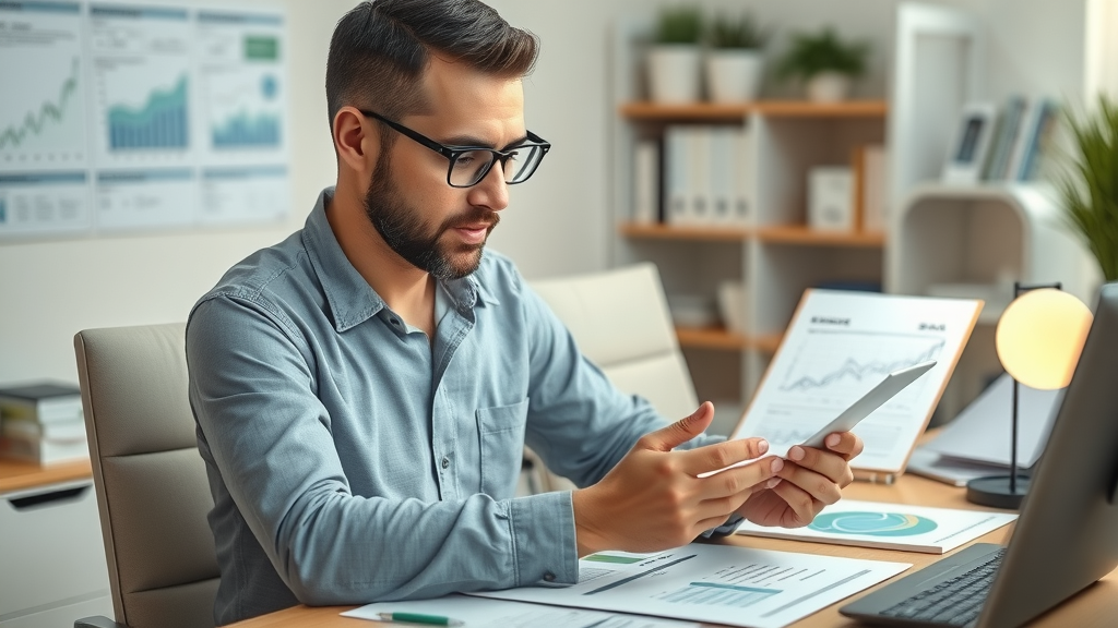 massage practice owner reviewing finances at organized desk with digital tablet