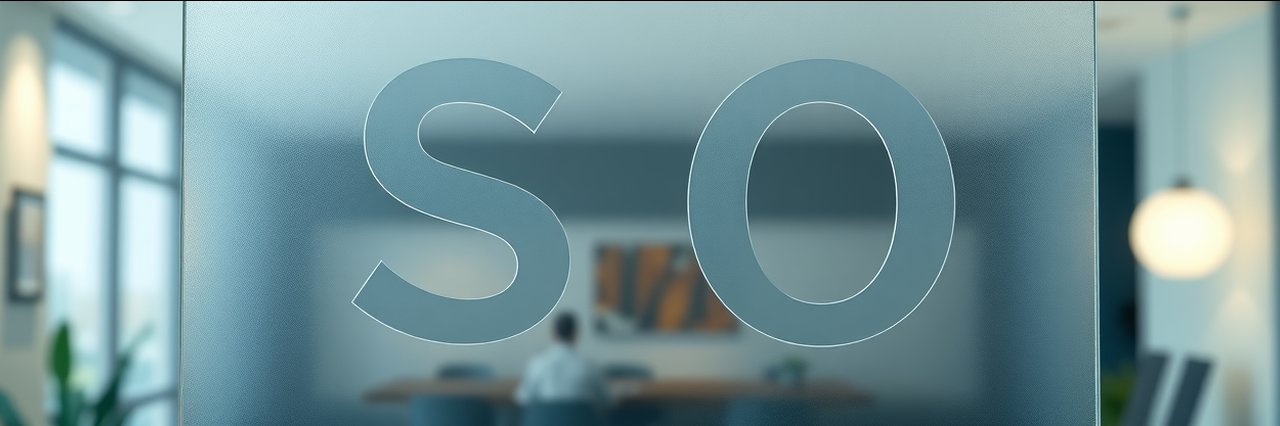 Frosted glass panel with cut-out SO letters, modern bedsore logo style.