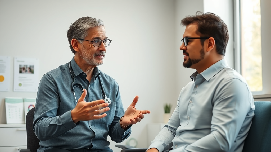 neurofeedback session practitioner explaining side effects and safety protocols to curious client in modern clinic