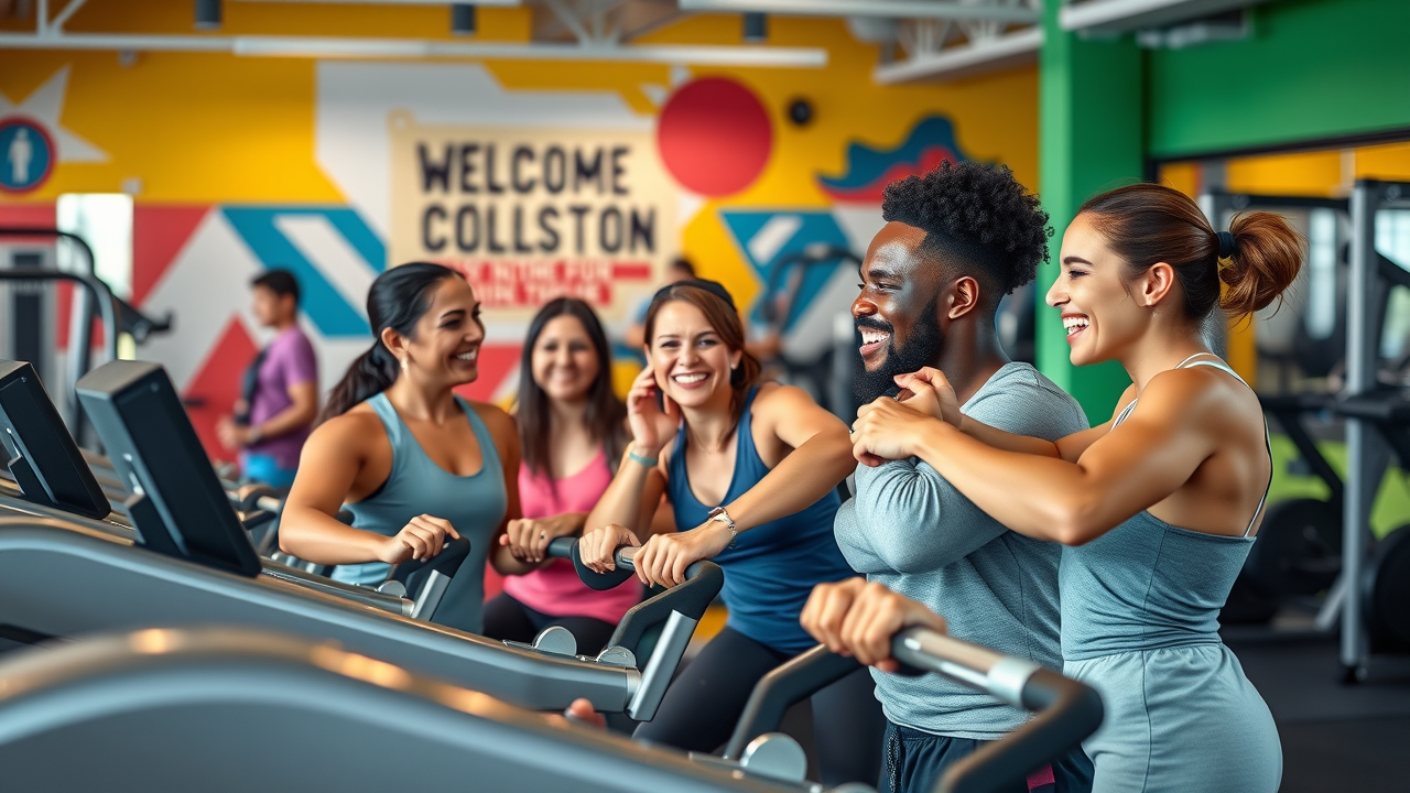 Inclusive gym group class with friendly members achieving fitness goals