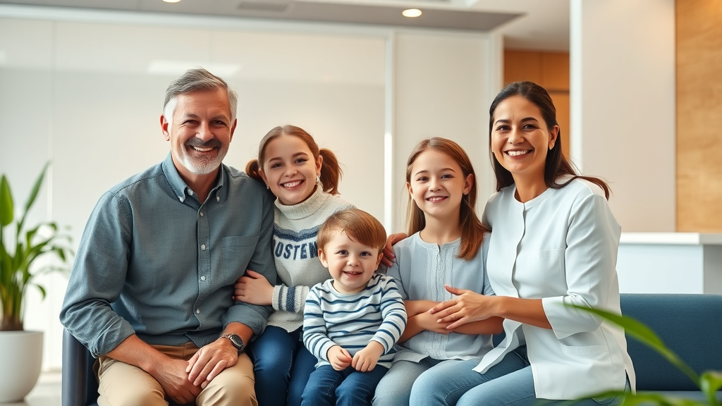 Family dentist clinic with happy multi-generational family in welcoming lobby