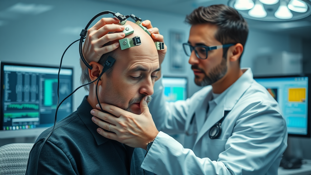 cutting-edge neurofeedback session showing technician placing EEG sensors and monitoring brain waves for modern brain training