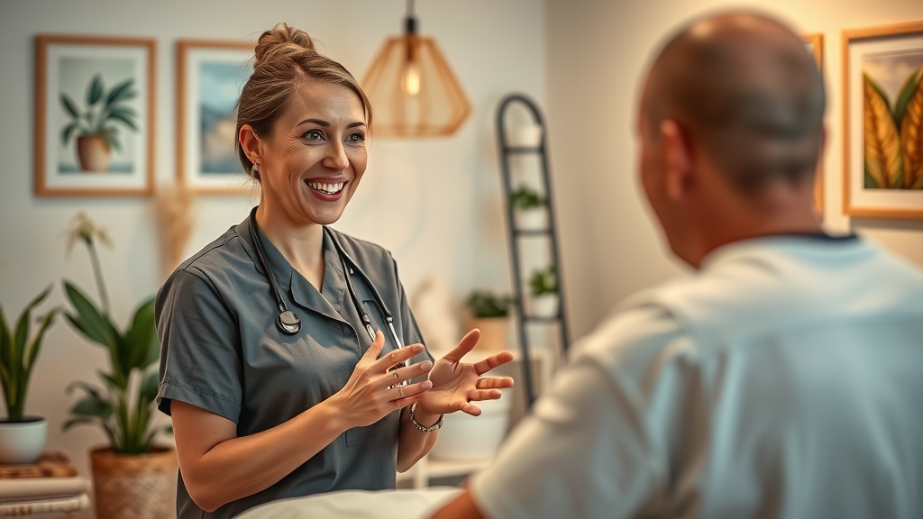 confident massage therapist consulting with client in private treatment room