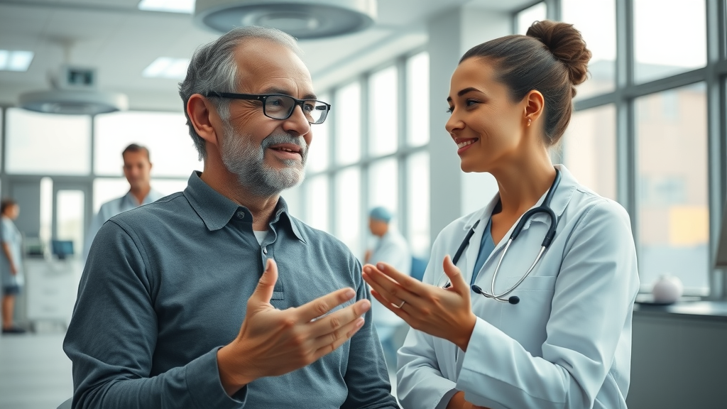 Ketamine clinic discussion for mental health treatment. Compassionate clinician and patient in modern medical setting, state-of-the-art equipment.