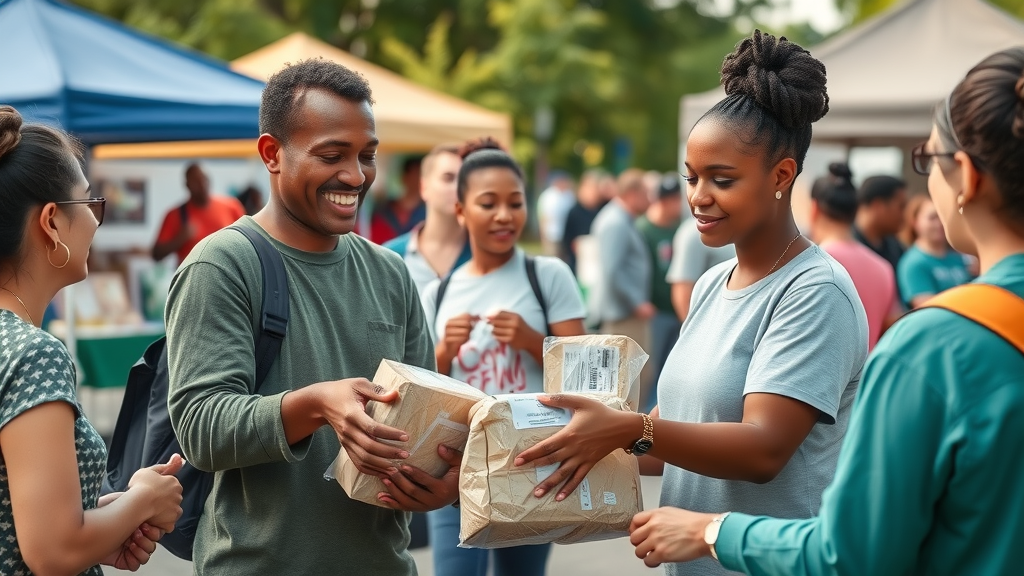 dedicated volunteers distributing supplies, nonprofit workplace culture, compassionate expressions, community outreach, outdoor event, genuine connections, 35mm lens