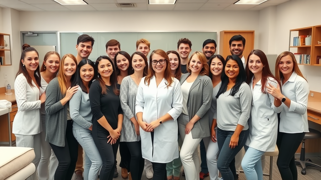 Group of esthetician school students and instructor celebrating success