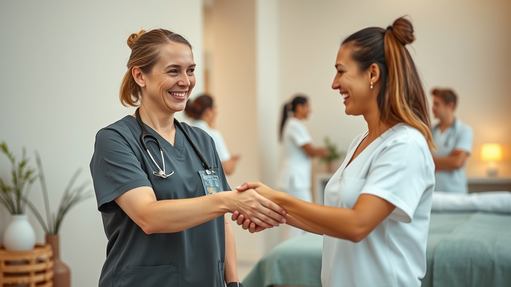 empathetic massage therapist warmly greeting a client and building trust to reduce no shows