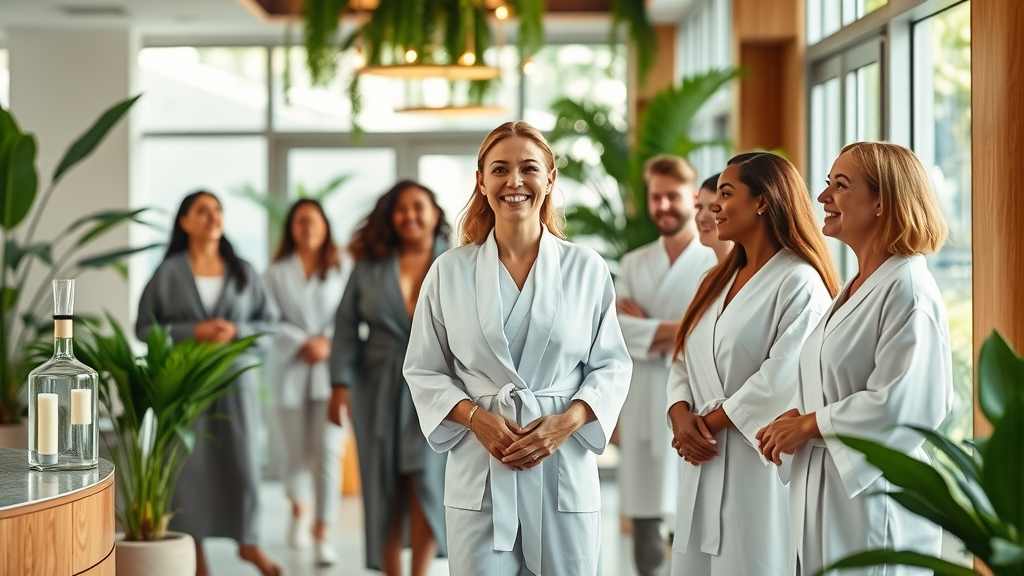 recession proof spa business - spa owner welcoming clients in a modern reception area, med spa with bright daylight and greenery, smiling and confident staff guiding clients