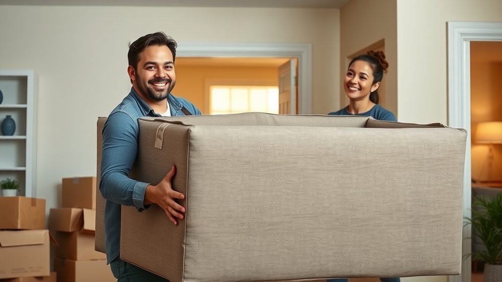 Friendly professional movers lifting couch in a home for local move with moving services