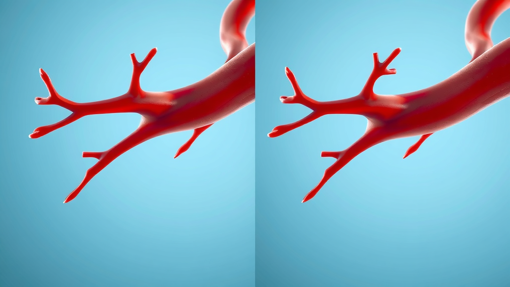 Photorealistic image of a healthy artery versus a blocked artery, comparison split-view, blood flow circulation, clean clinical background, medical macro lens, visible differences in blood flow