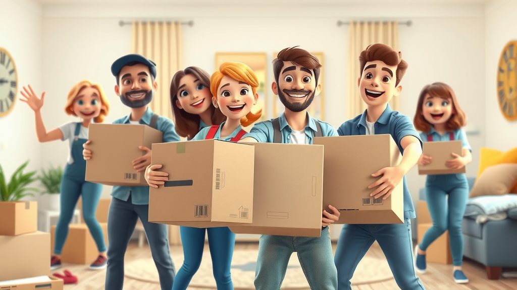 Team of movers efficiently packing boxes with happy expressions for local moves