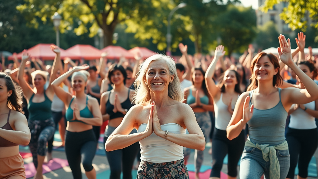Lively outdoor yoga festival in the United States, crowd practicing together, sunlight and joy