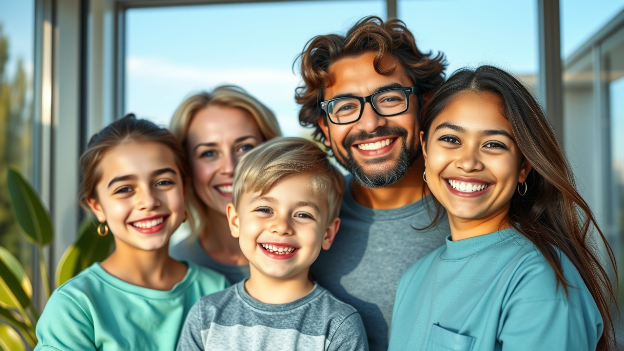 Happy family outside Winnipeg dental clinic showing healthy smiles