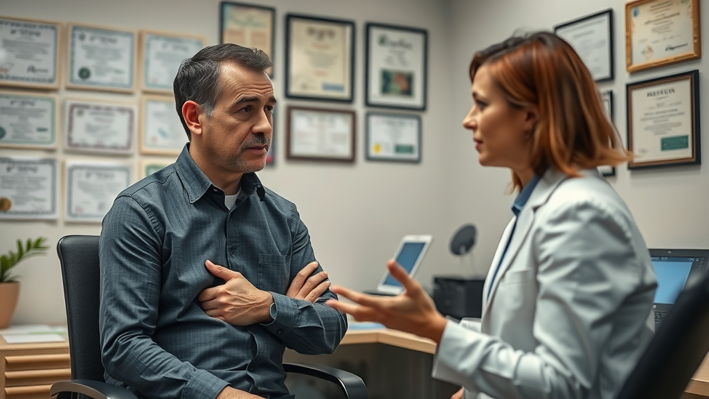 concerned client consulting a professional therapist about neurofeedback risks in an office setting with neurofeedback devices