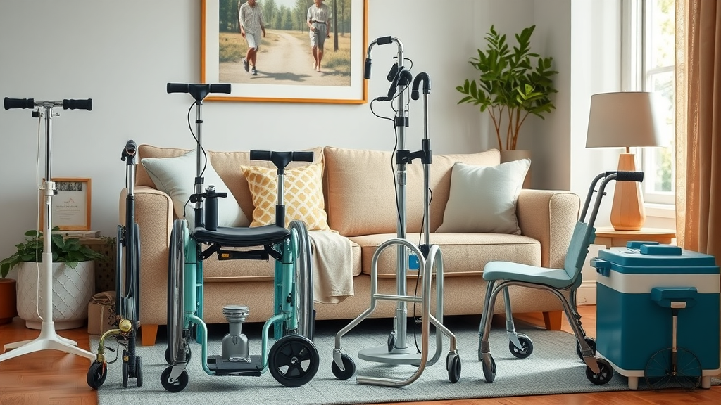 Assorted home medical equipment and mobility aids organized in a home living room