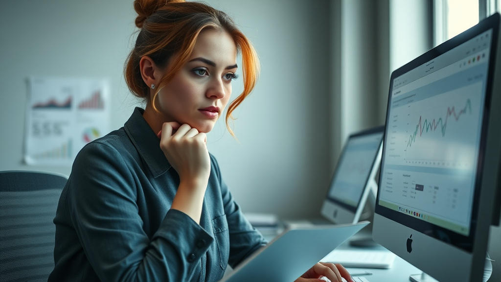 Focused professional analyzing subject line statistics for email marketing success in massage therapy