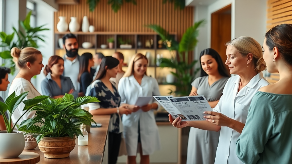 spa manager offering discount flyers to clients at busy massage spa - massage special, package deal