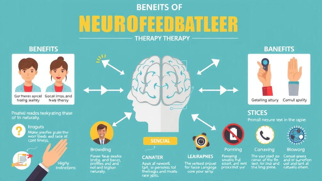 colorful infographic illustrating neurofeedback therapy advantages and potential side effects for various mental health conditions