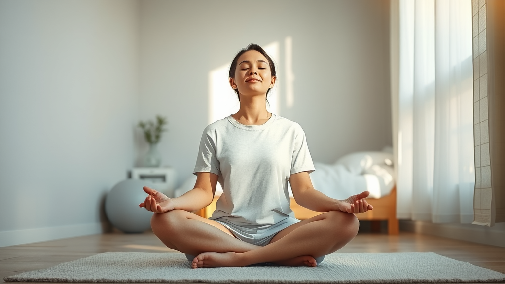 Serene person meditating cross-legged on bedroom floor for mindfulness