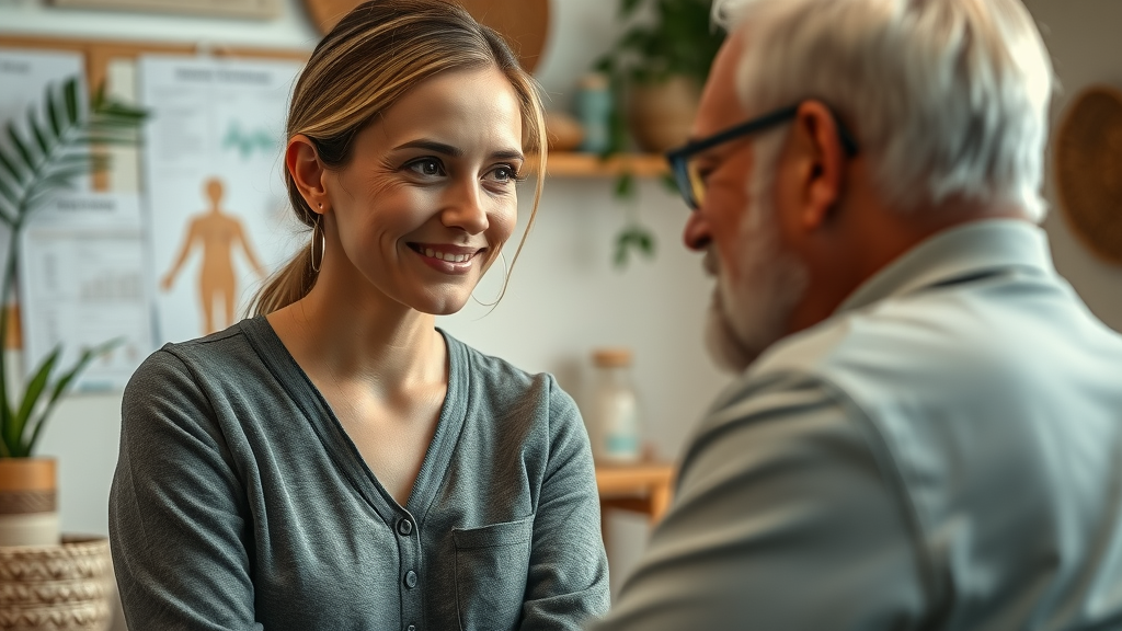 Holistic healthcare provider listening to patient in welcoming therapy room