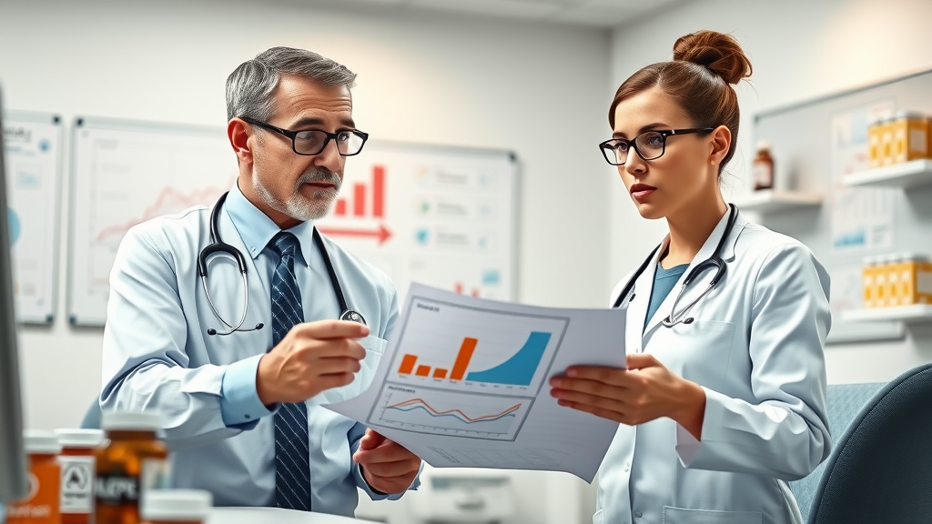 middle-aged medical professionals analyzing supplement business data in animated planning session, health supplement business fundamentals