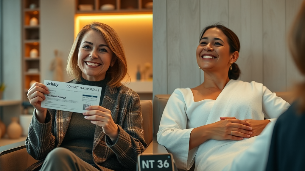 split screen: bargain seeker client holding discount voucher, satisfied client after premium massage service